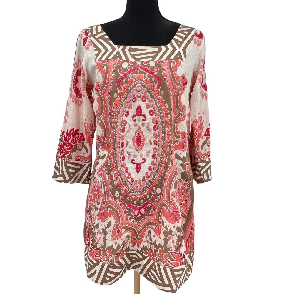 Pomodoro Embroidered Beaded Floral Square Neckline Pink Tan Shift Dress Sz 6